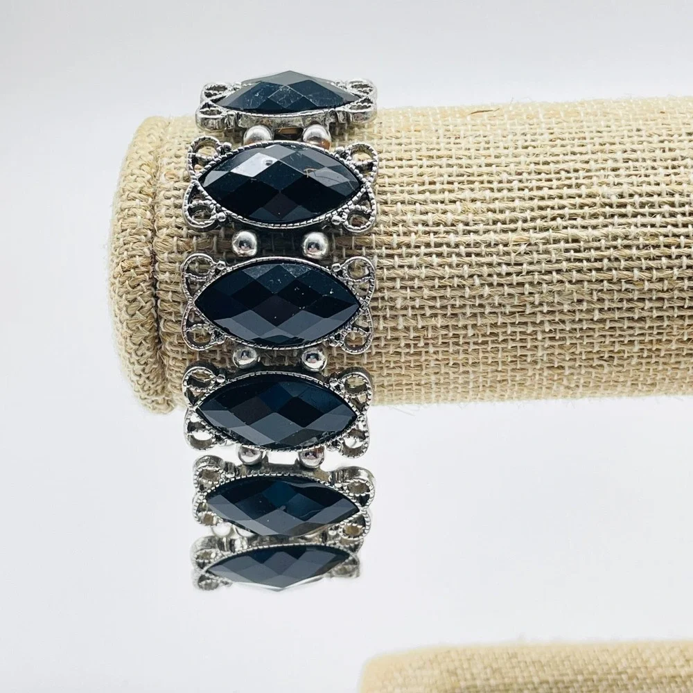Black Beaded Stretch Bracelet Silver Tone Statement Fashion Costume Jewelry